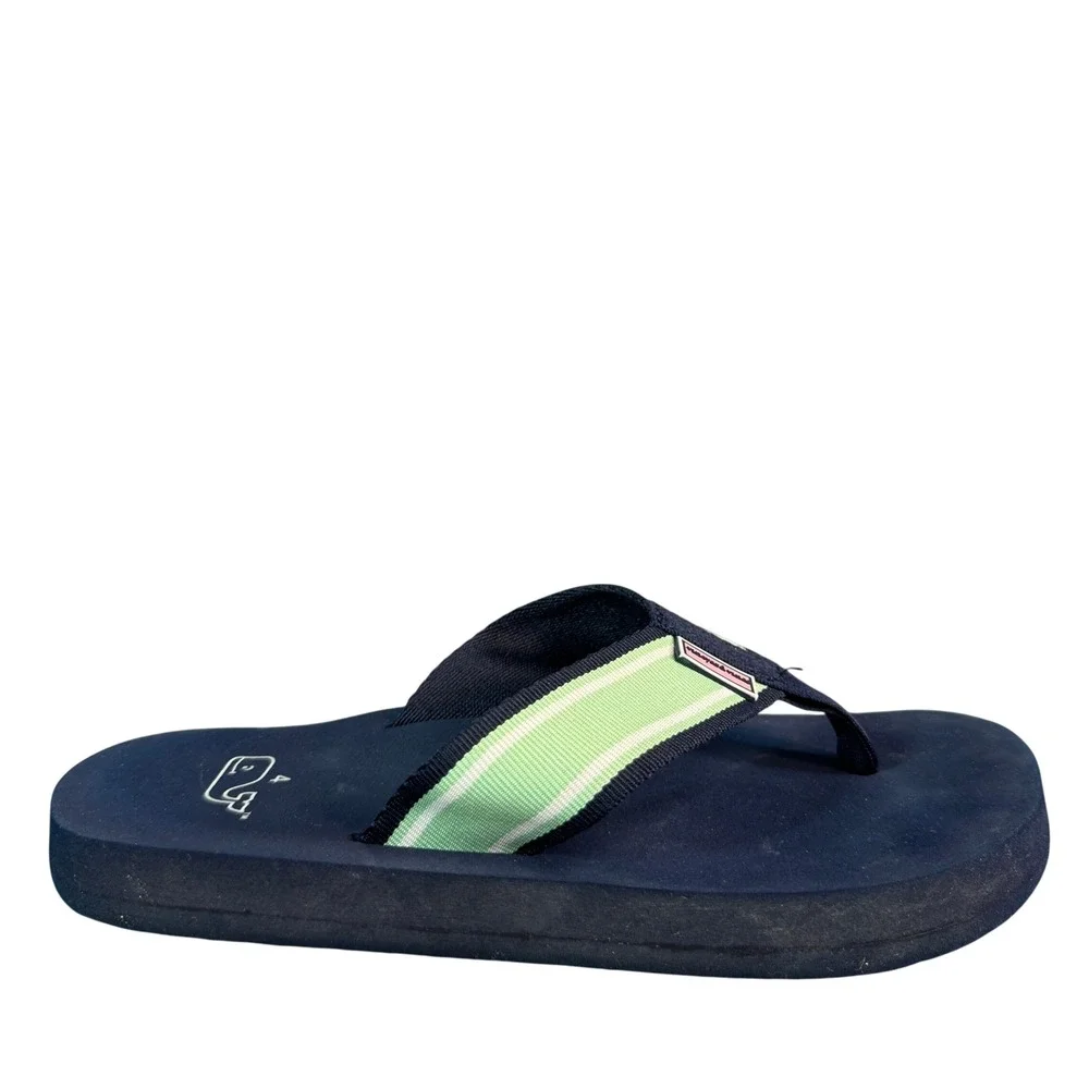 Vineyard Vines Navy Blue Green Striped Ribbon Flip Flop Sandals Kids Size 4